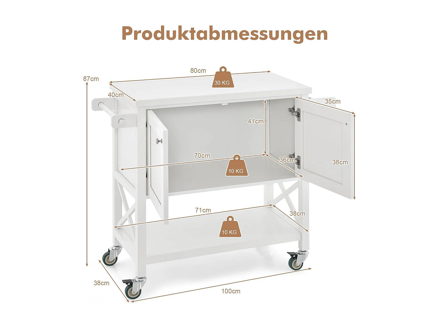 Küchenwagen mit Schrank & Ablage & Handtuchhalter & Gewürzregal Servierwagen Weiß