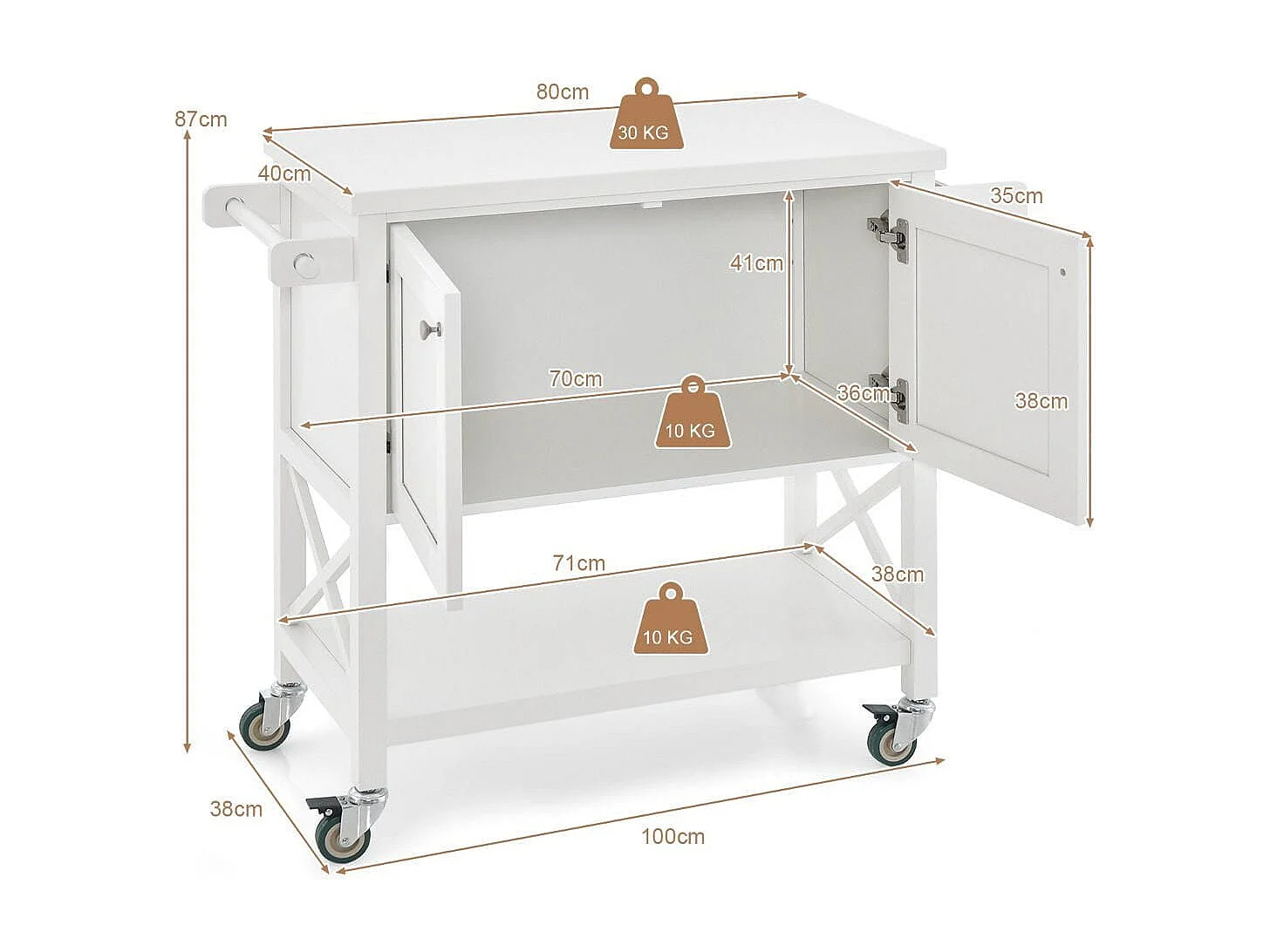 Küchenwagen mit Schrank & Ablage & Handtuchhalter & Gewürzregal Servierwagen Weiß