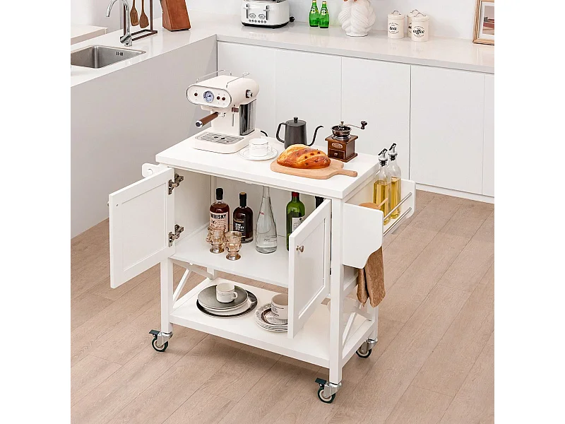 Küchenwagen mit Schrank & Ablage & Handtuchhalter & Gewürzregal Servierwagen Weiß