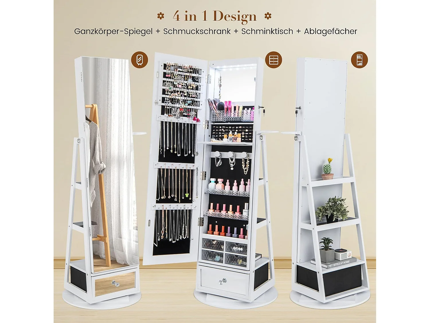 Schmuckschrank 360° drehbar mit Ganzkörperspiegel, LED-Leucheten abschließbar, Standspiegel für Schmuck (Weiß) VH33317