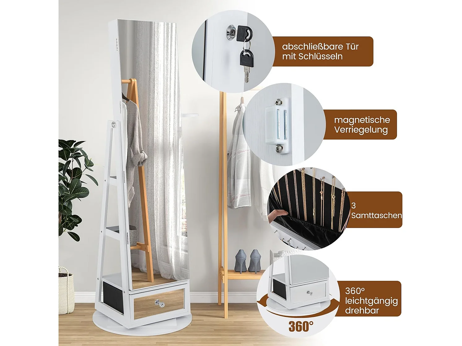 Schmuckschrank 360° drehbar mit Ganzkörperspiegel, LED-Leucheten abschließbar, Standspiegel für Schmuck (Weiß) VH33317