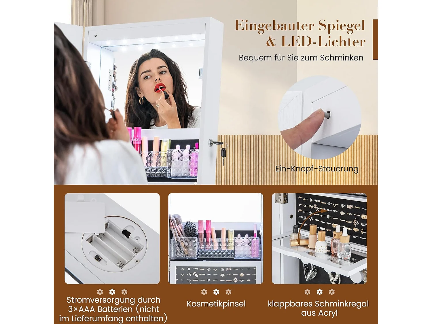 Schmuckschrank 360° drehbar mit Ganzkörperspiegel, LED-Leucheten abschließbar, Standspiegel für Schmuck (Weiß) VH33317