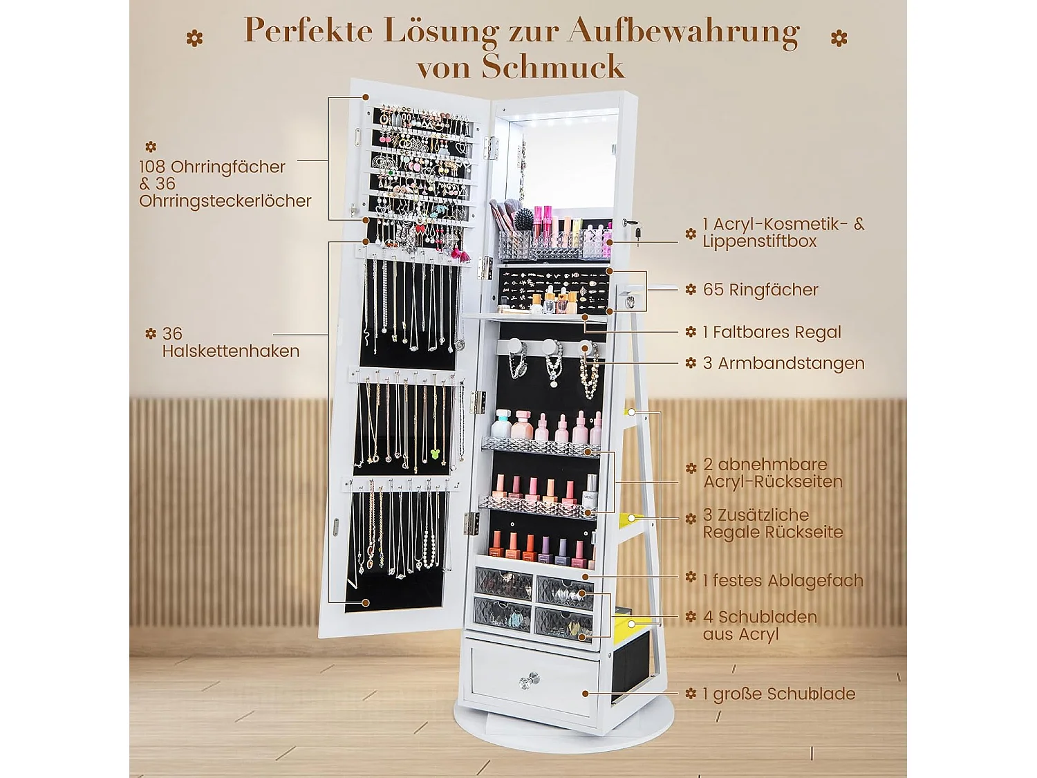 Schmuckschrank 360° drehbar mit Ganzkörperspiegel, LED-Leucheten abschließbar, Standspiegel für Schmuck (Weiß) VH33317