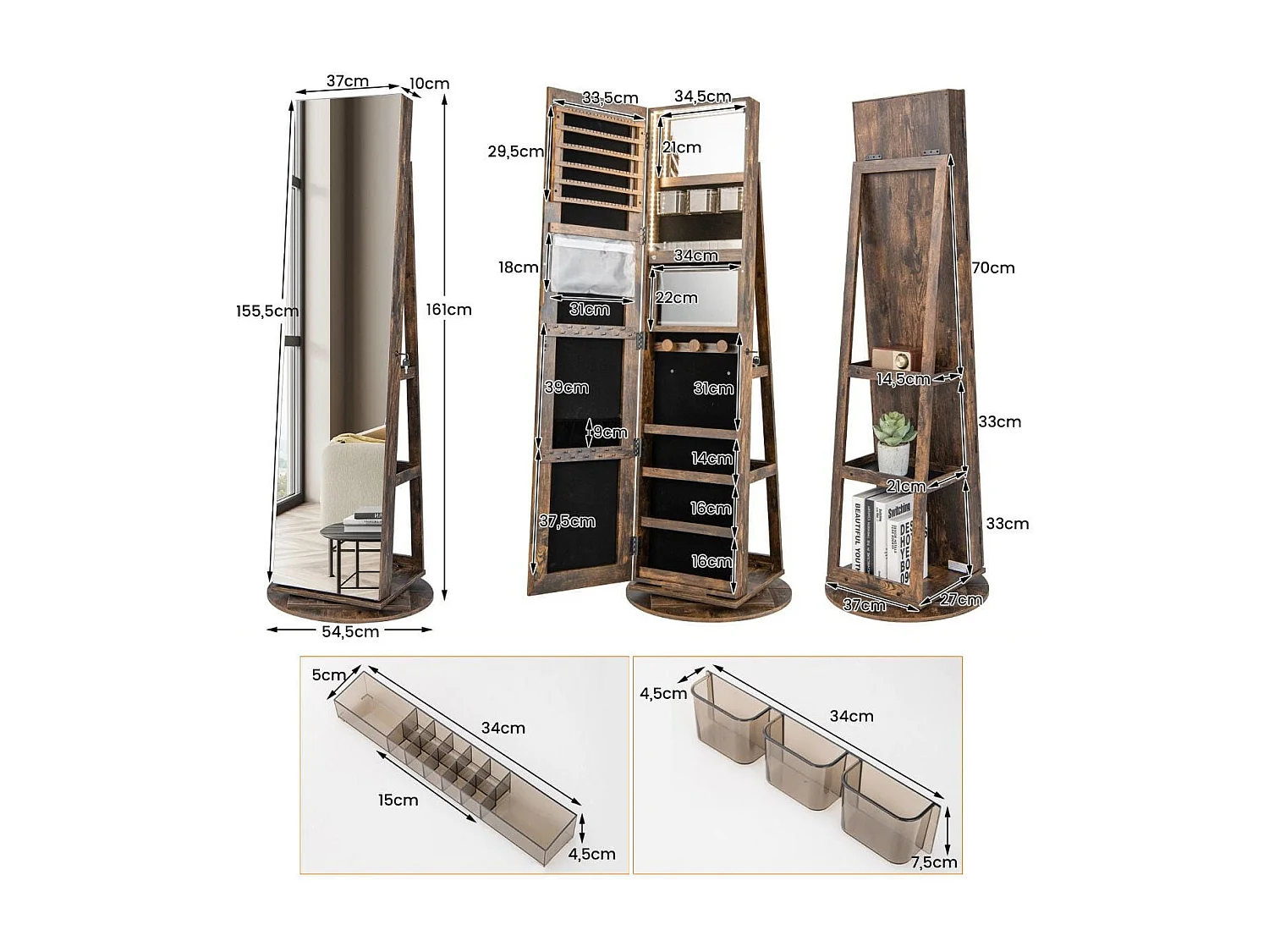 360° Drehbarer Schmuckschrank mit Dreifarbigen LED-Leuchten Freistehender Spiegelschrank Braun