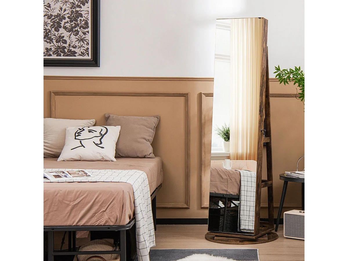 360° Drehbarer Schmuckschrank mit Dreifarbigen LED-Leuchten Freistehender Spiegelschrank Braun