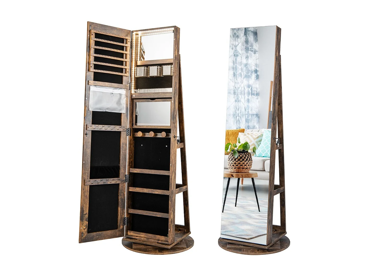 360° Drehbarer Schmuckschrank mit Dreifarbigen LED-Leuchten Freistehender Spiegelschrank Braun