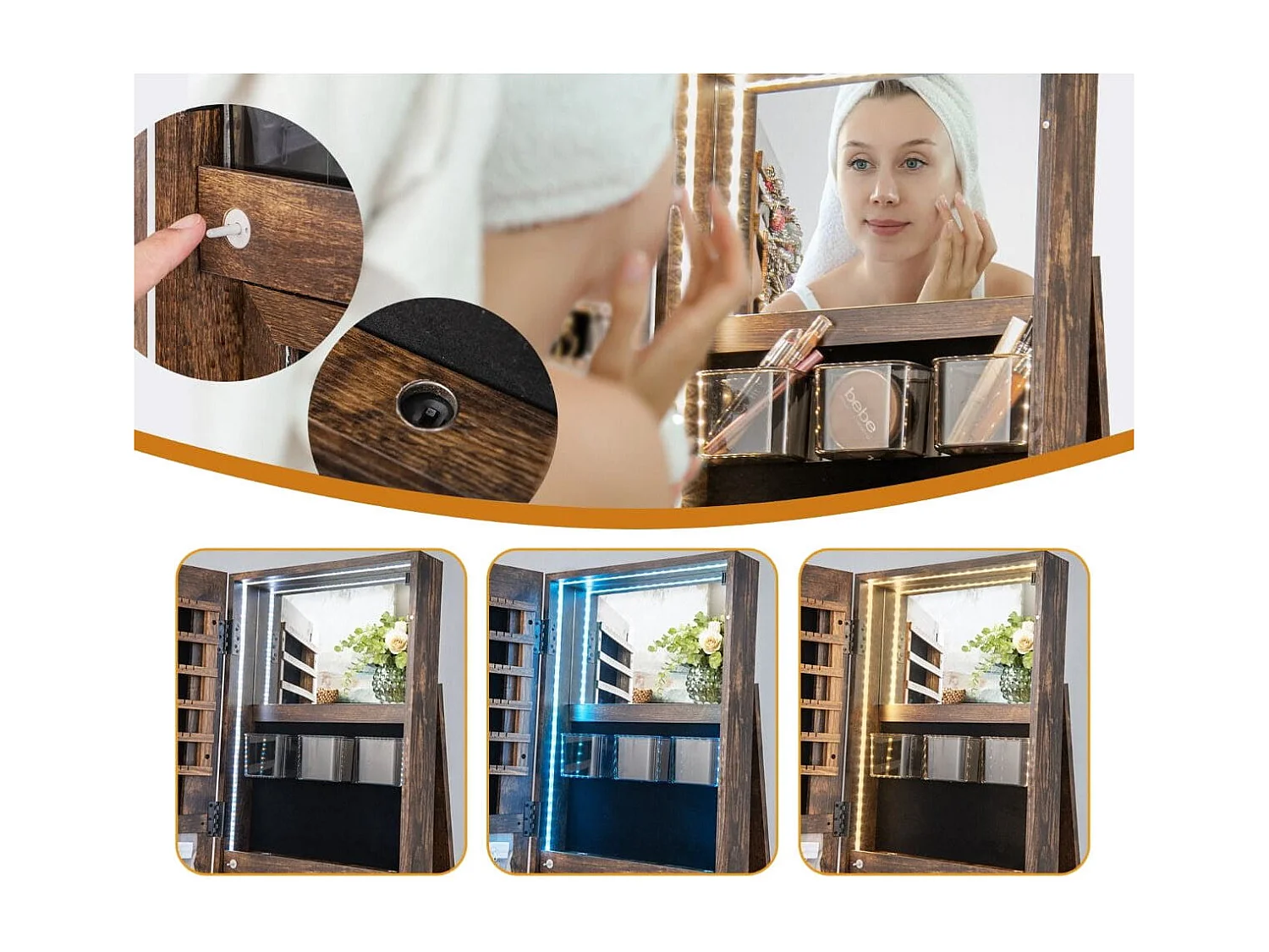 360° Drehbarer Schmuckschrank mit Dreifarbigen LED-Leuchten Freistehender Spiegelschrank Braun
