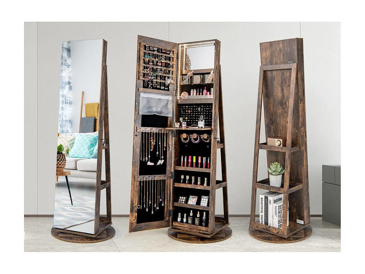 360° Drehbarer Schmuckschrank mit Dreifarbigen LED-Leuchten Freistehender Spiegelschrank Braun