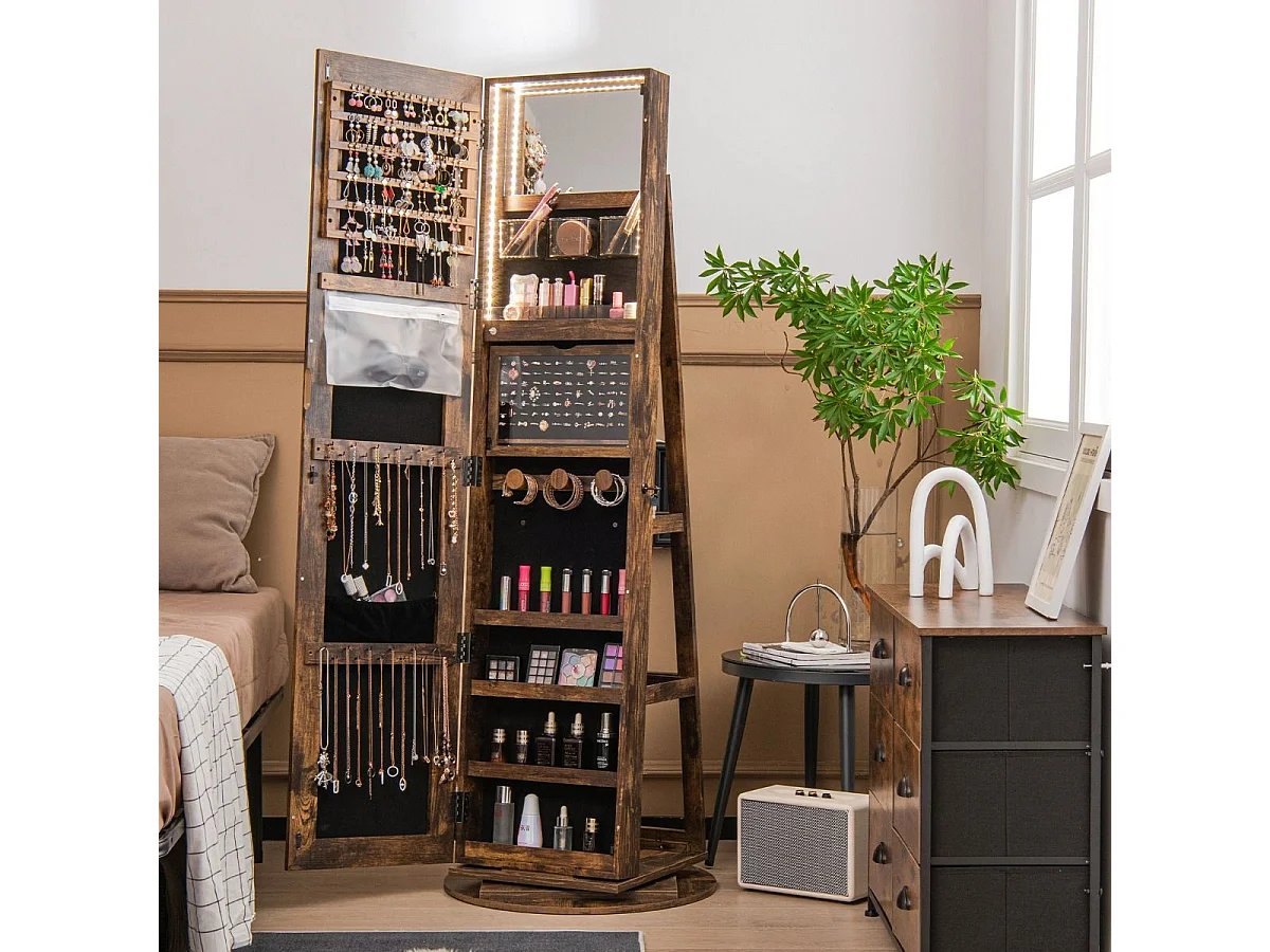 360° Drehbarer Schmuckschrank mit Dreifarbigen LED-Leuchten Freistehender Spiegelschrank Braun