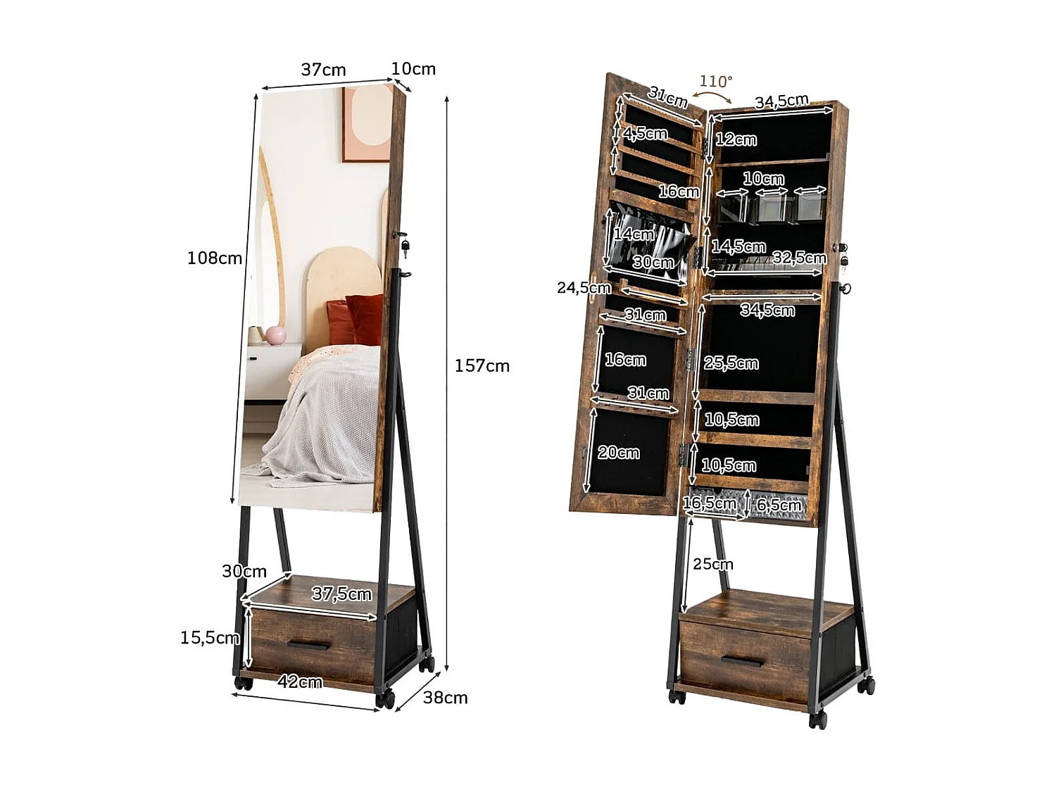 Schmuckschrank mit Spiegel & Schublade Schmuck Spiegelschrank auf Rollen Braun