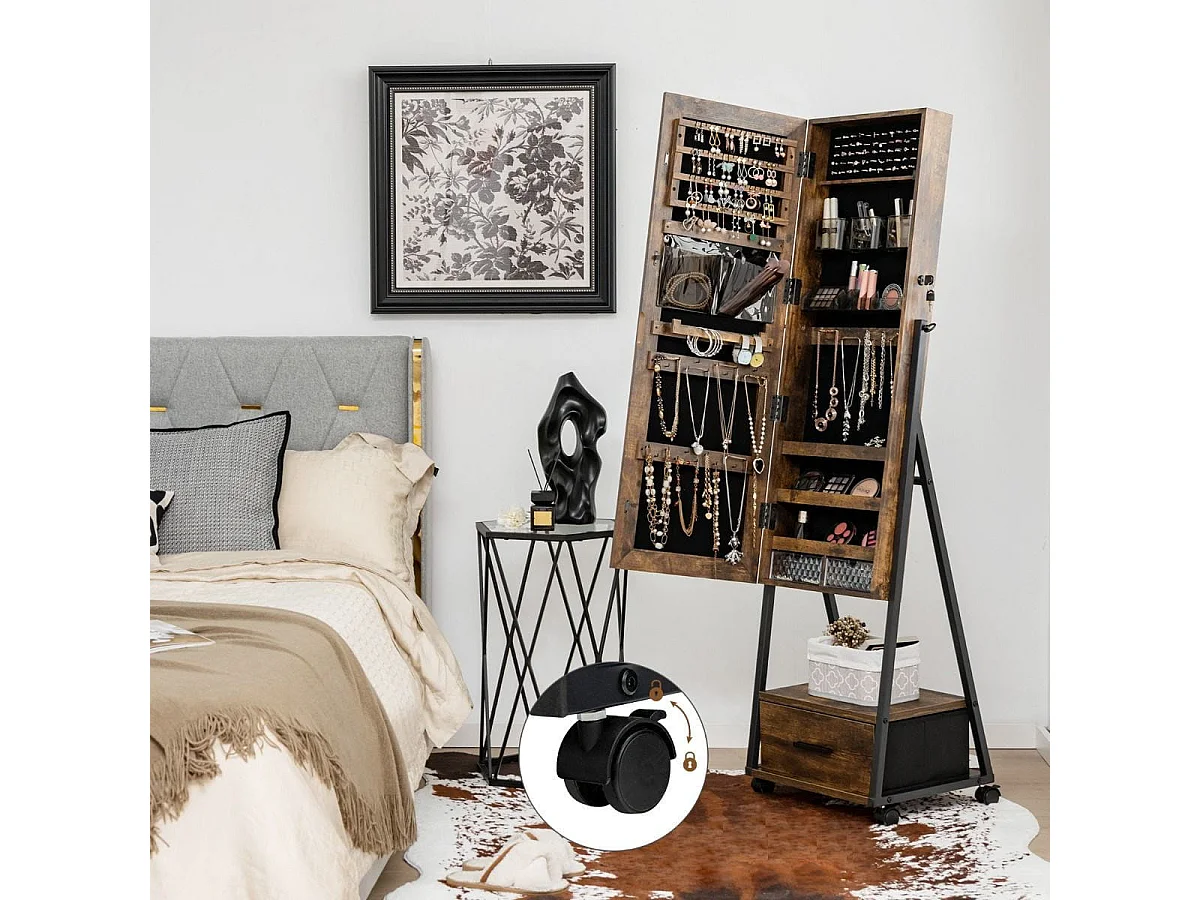 Schmuckschrank mit Spiegel & Schublade Schmuck Spiegelschrank auf Rollen Braun