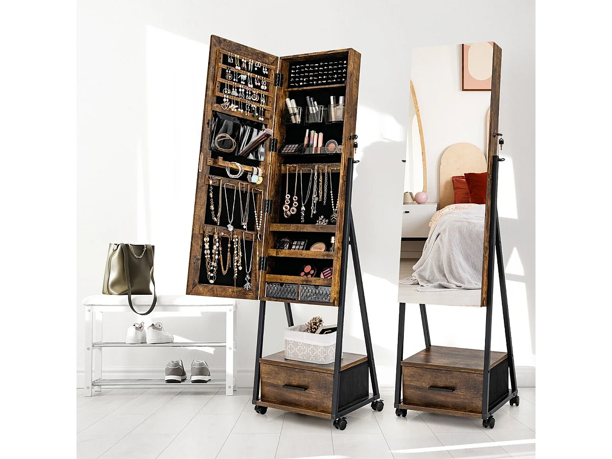 Schmuckschrank mit Spiegel & Schublade Schmuck Spiegelschrank auf Rollen Braun