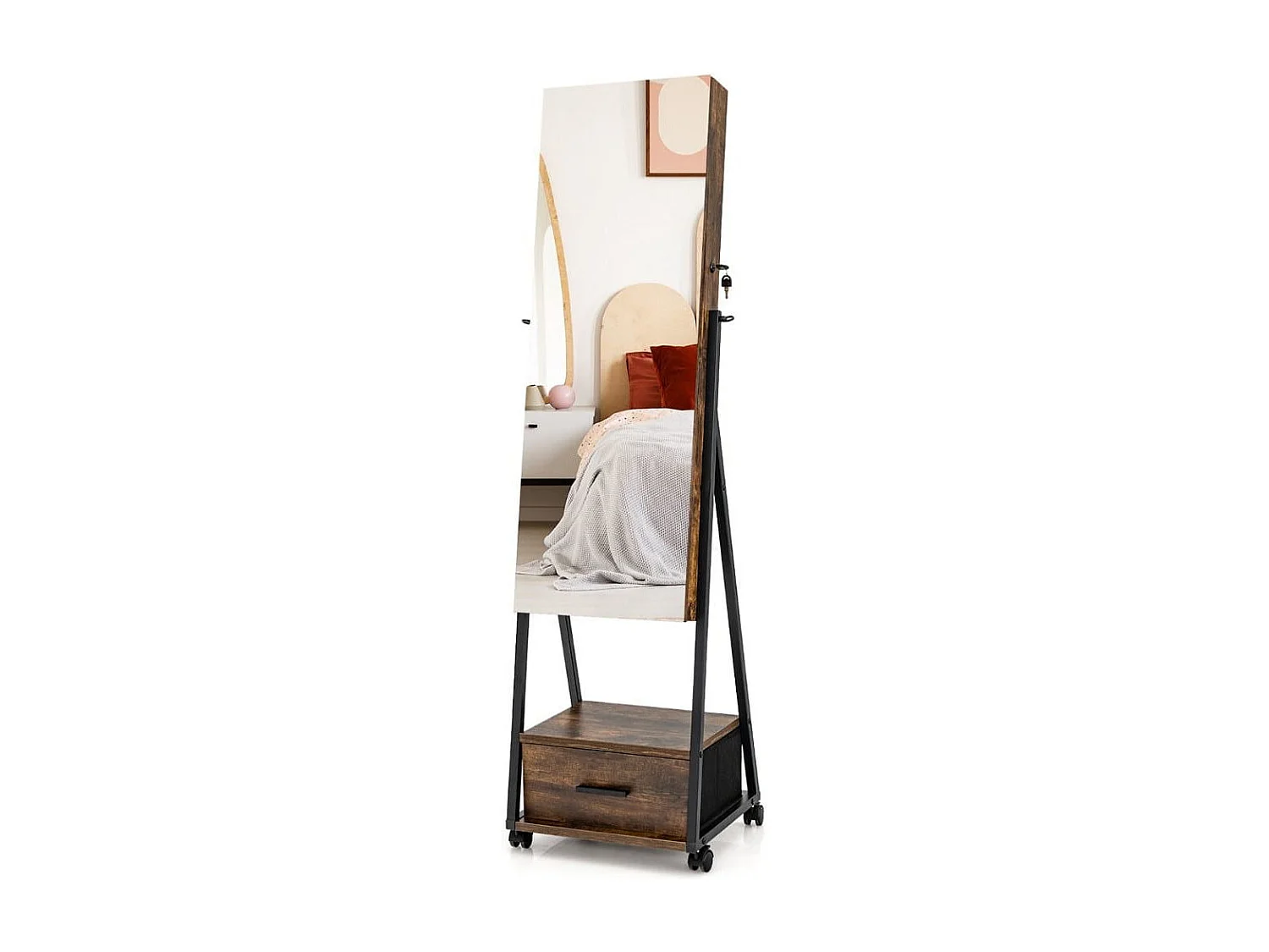 Schmuckschrank mit Spiegel & Schublade Schmuck Spiegelschrank auf Rollen Braun