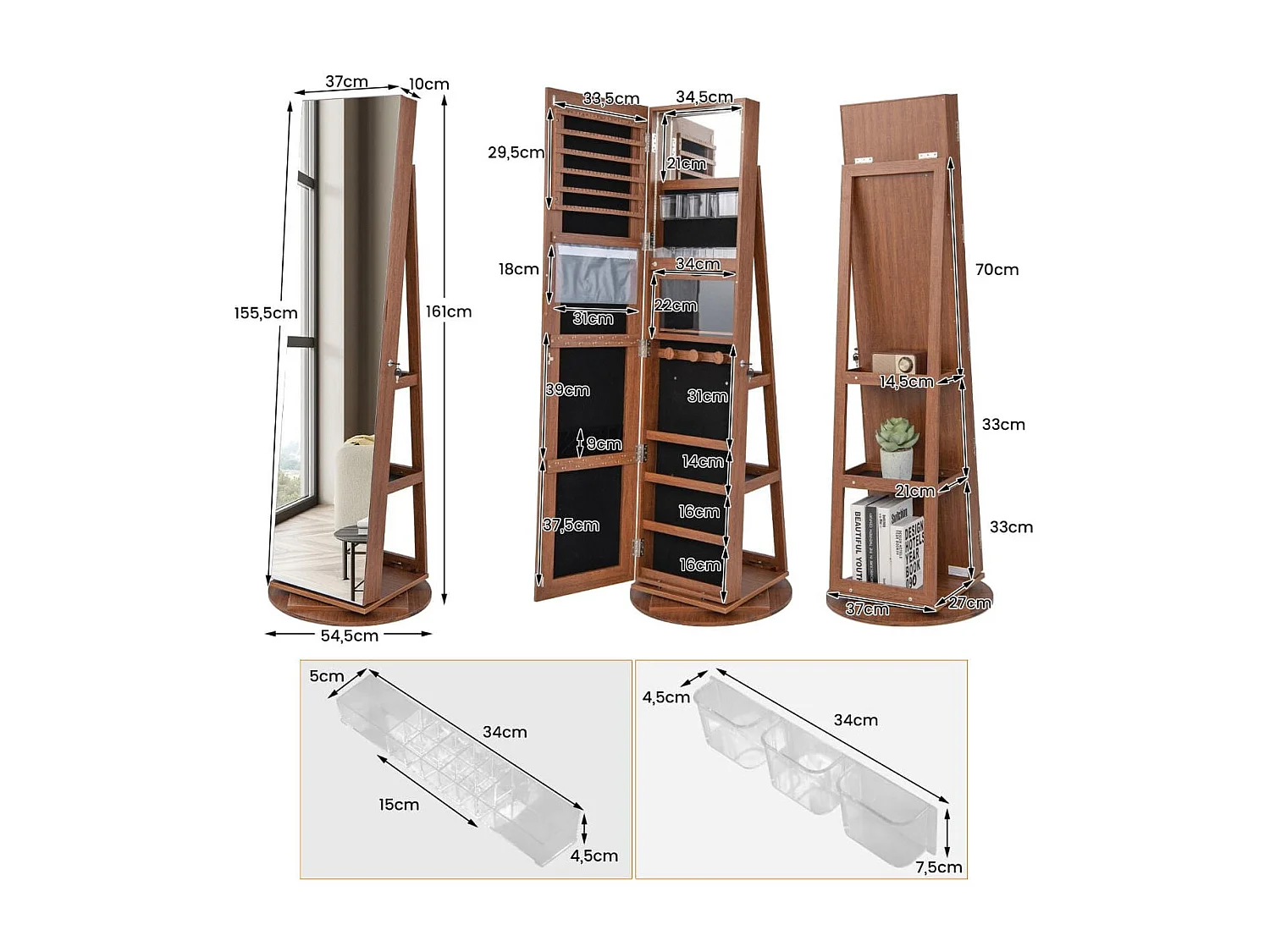 360° Drehbarer Schmuckschrank mit Dreifarbigen LED-Leuchten Freistehender Spiegelschrank Holz