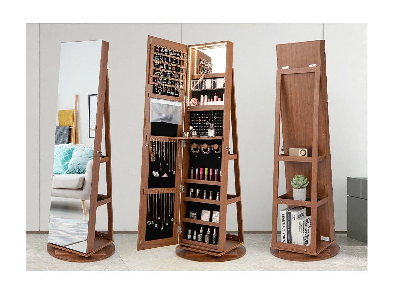 360° Drehbarer Schmuckschrank mit Dreifarbigen LED-Leuchten Freistehender Spiegelschrank Holz