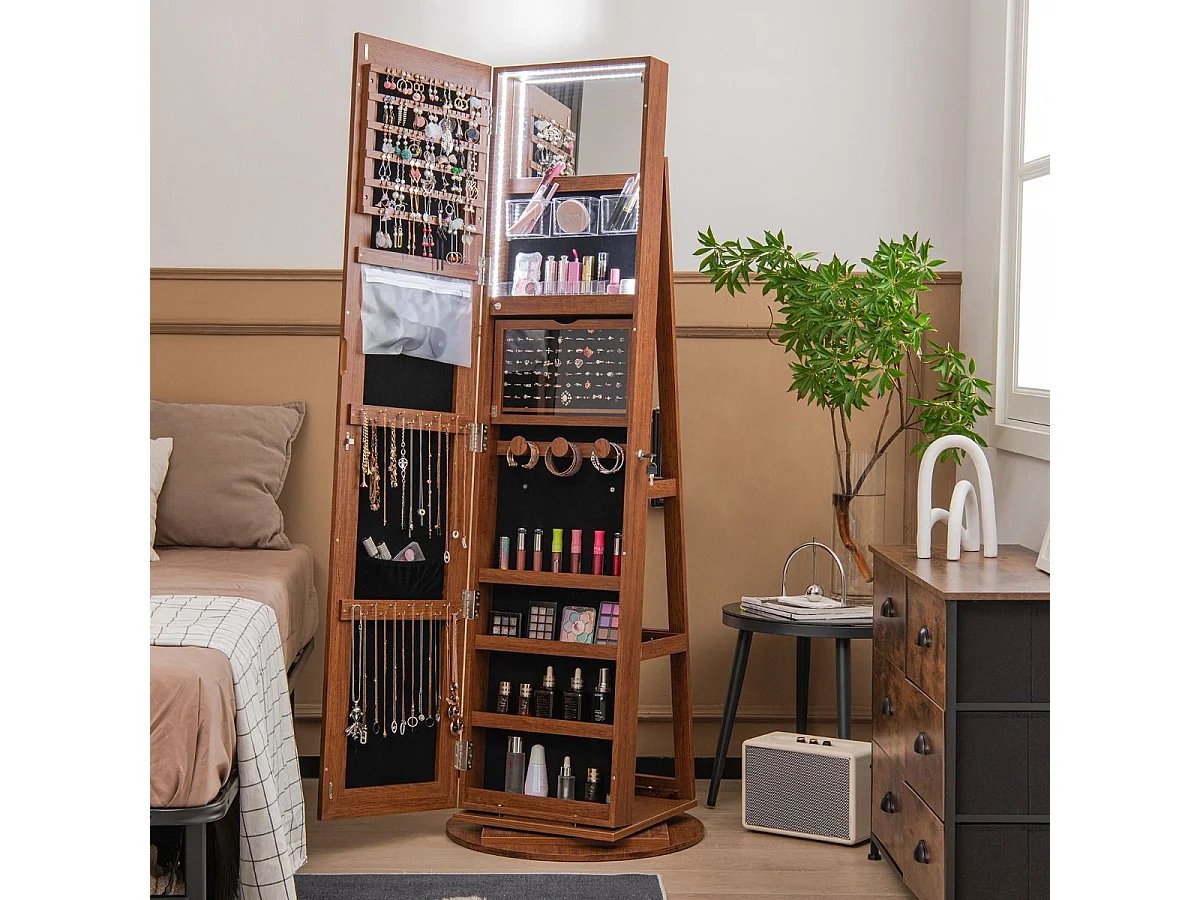 360° Drehbarer Schmuckschrank mit Dreifarbigen LED-Leuchten Freistehender Spiegelschrank Holz