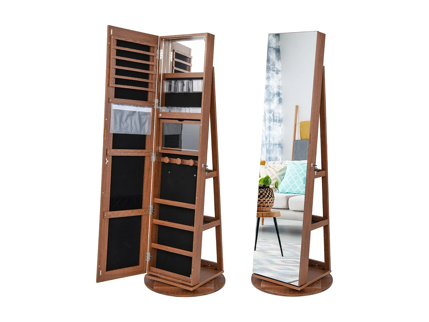 360° Drehbarer Schmuckschrank mit Dreifarbigen LED-Leuchten Freistehender Spiegelschrank Holz