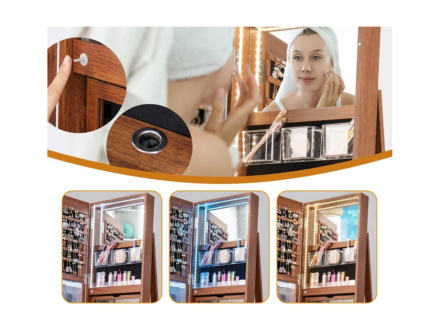 360° Drehbarer Schmuckschrank mit Dreifarbigen LED-Leuchten Freistehender Spiegelschrank Holz