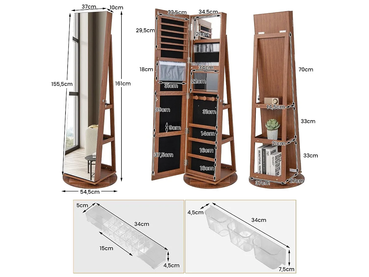 Armadio portagioielli girevole con specchio a figura intera luci LED, Organizer da terra di gioielli Marrone