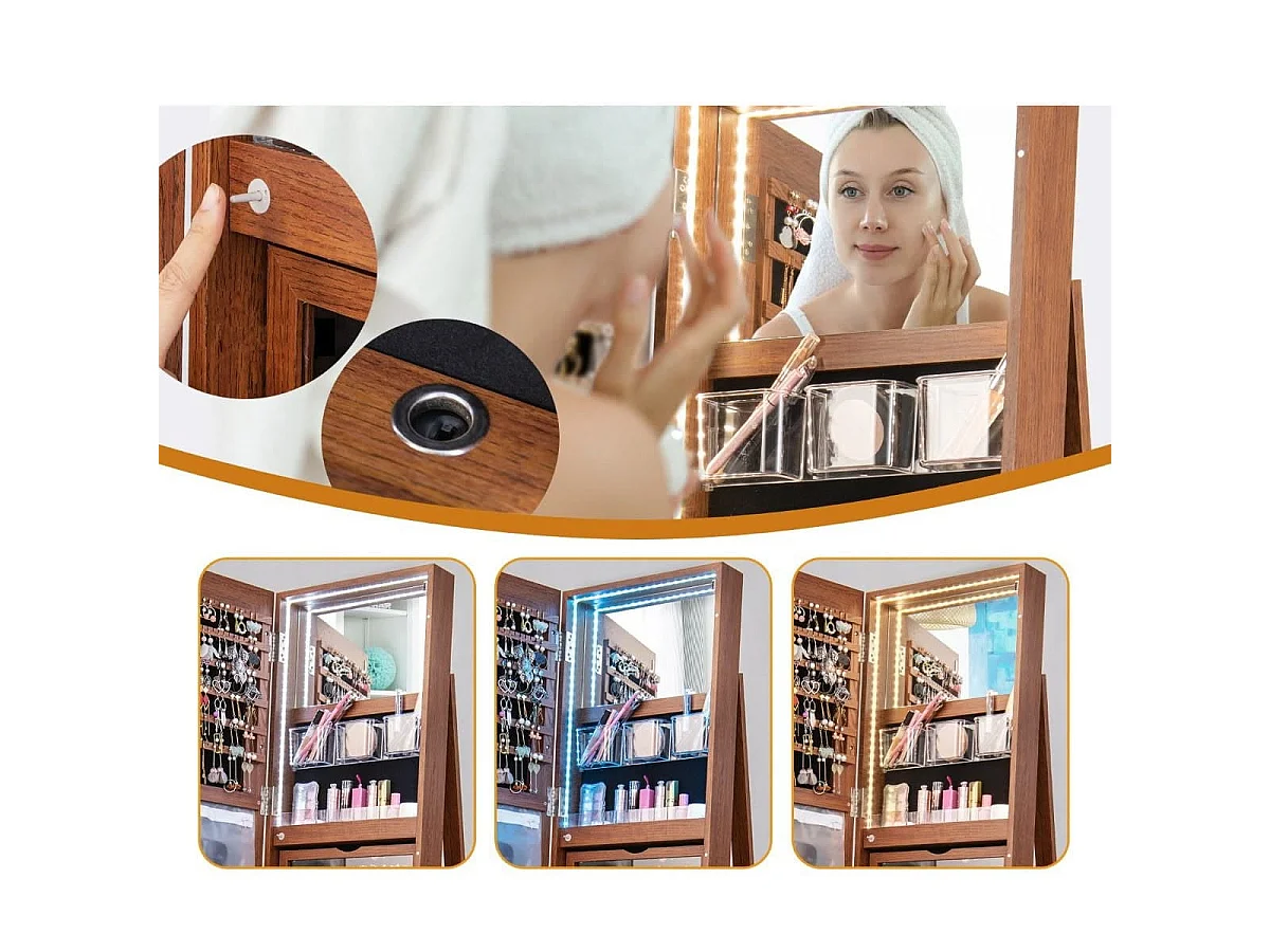 Armadio portagioielli girevole con specchio a figura intera luci LED, Organizer da terra di gioielli Marrone