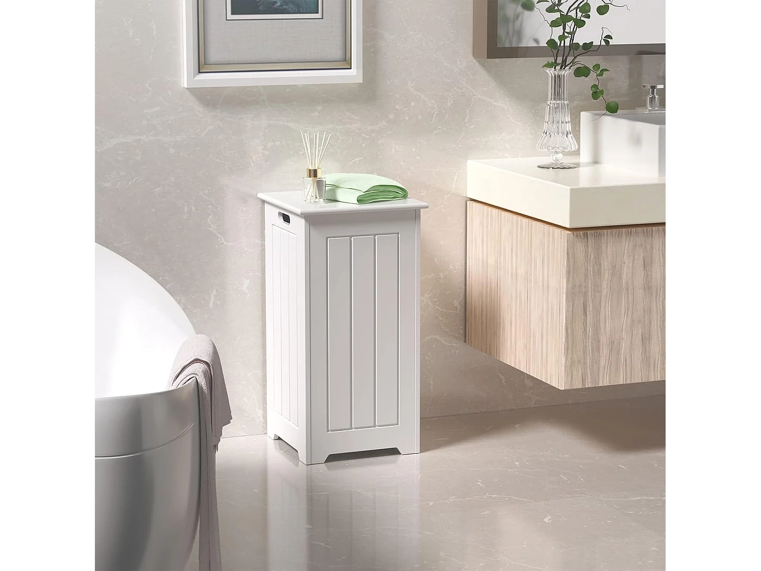 Wäscheschrank freistehend, Wäschetruhe Holz, Wäschesammler mit Deckel, Lagerschrank Badezimmer, Badezimmerschrank, Badschrank weiß