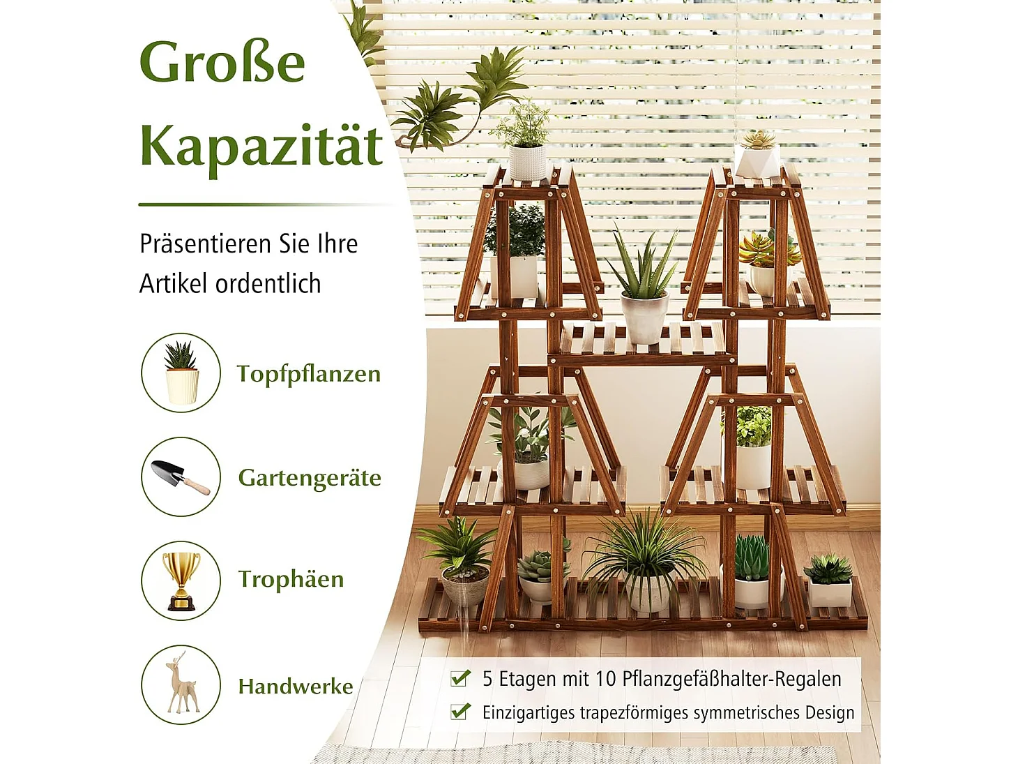 Pflanzenregal Holz Pflanzentreppe Trapez Blumenregal Blumenbank Pflanzenständer 113 x 27 x 114 cm Braun