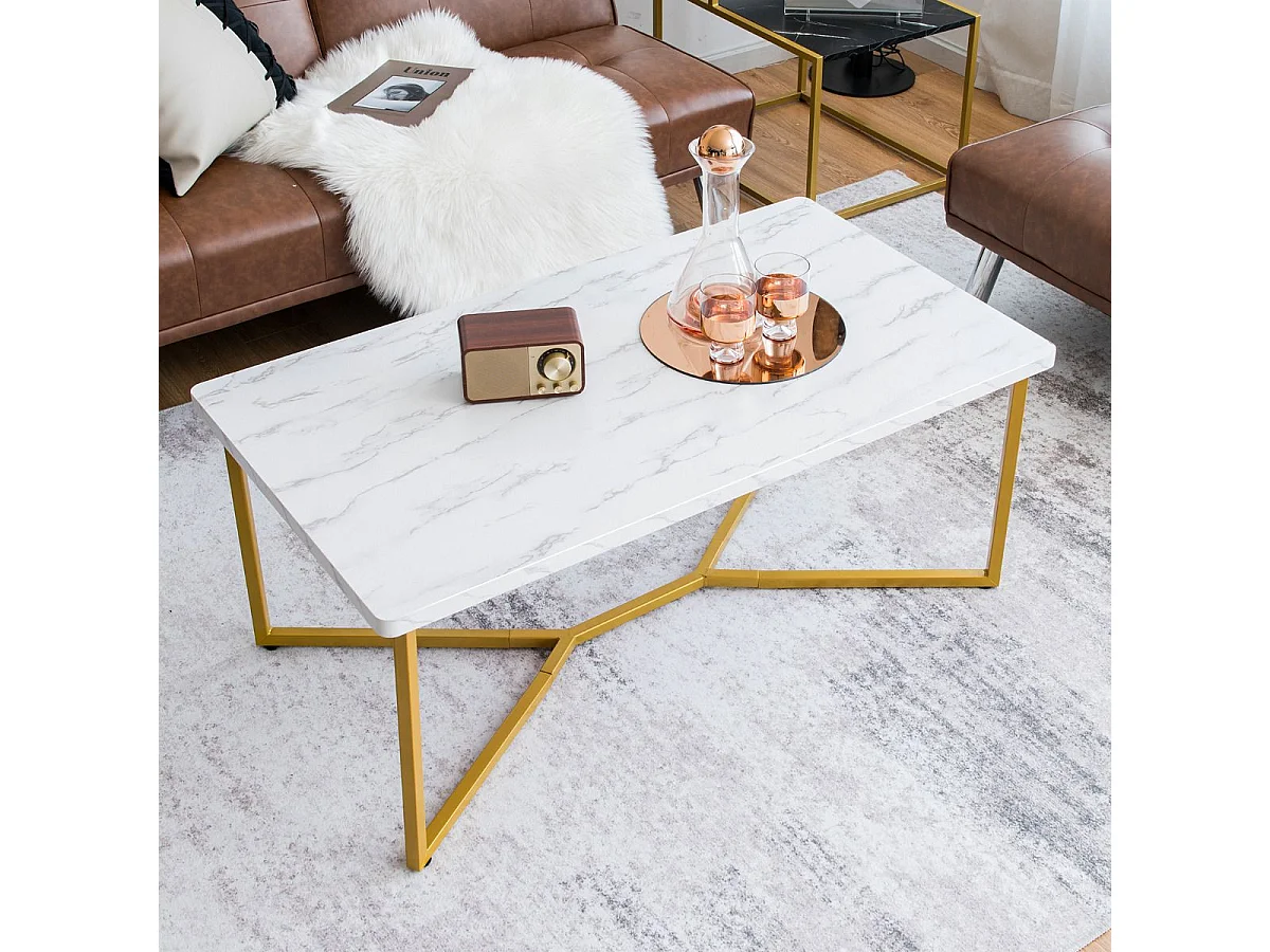 Marmor Optik Couchtisch mit Goldenem Metallgestell & Verstellbaren Fußpolstern Kaffeetisch