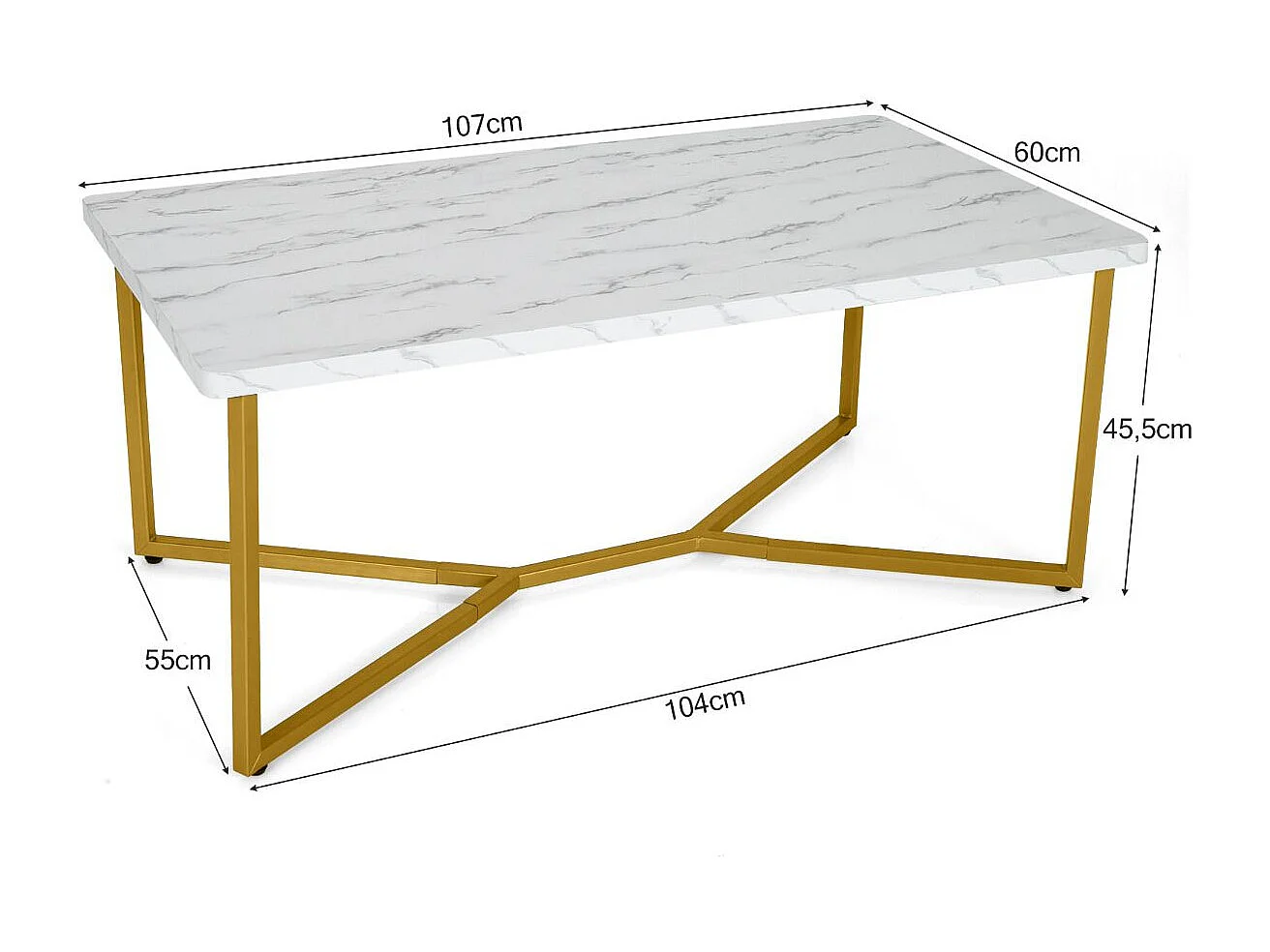 Marmor Optik Couchtisch mit Goldenem Metallgestell & Verstellbaren Fußpolstern Kaffeetisch