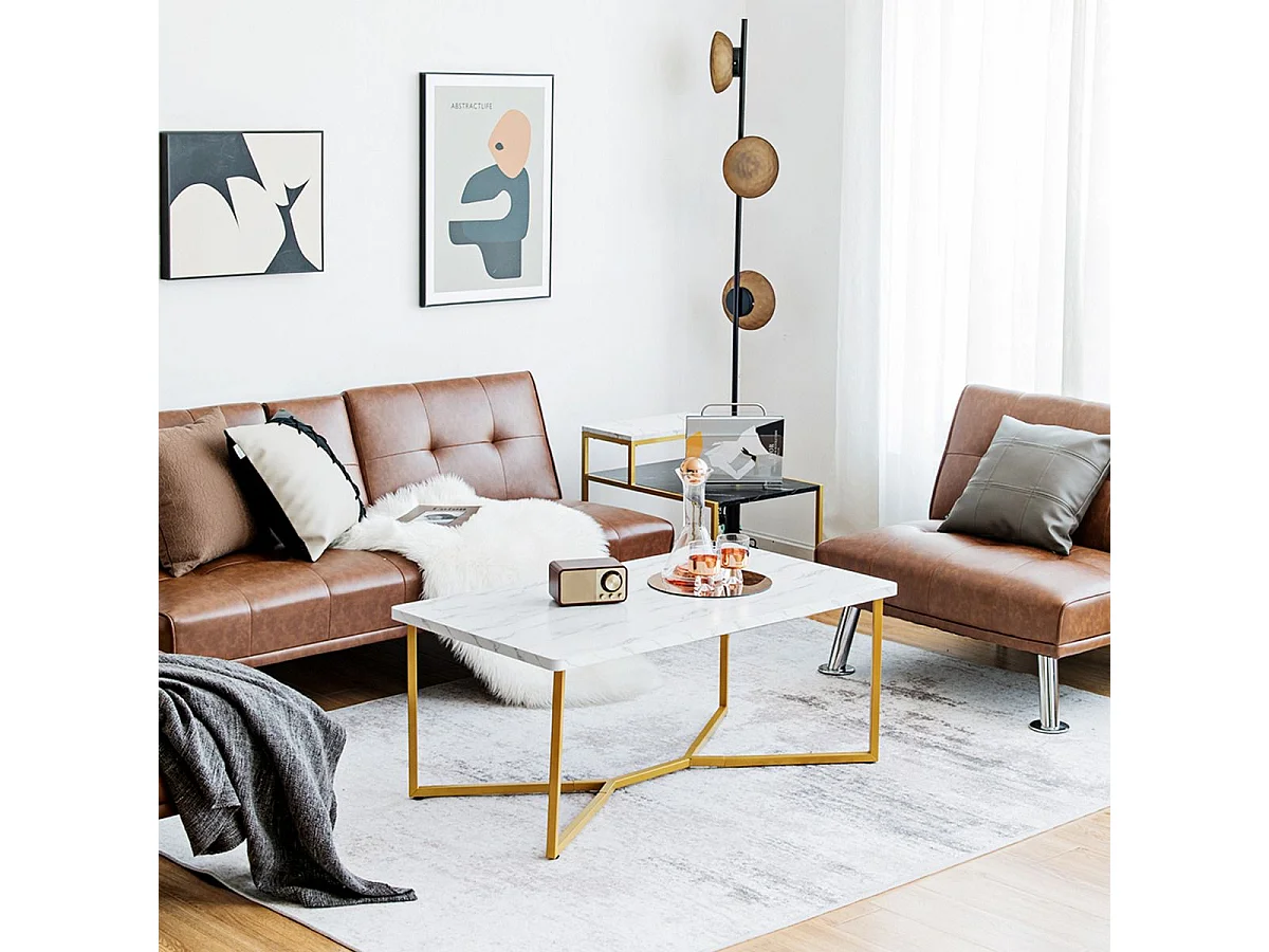 Marmor Optik Couchtisch mit Goldenem Metallgestell & Verstellbaren Fußpolstern Kaffeetisch