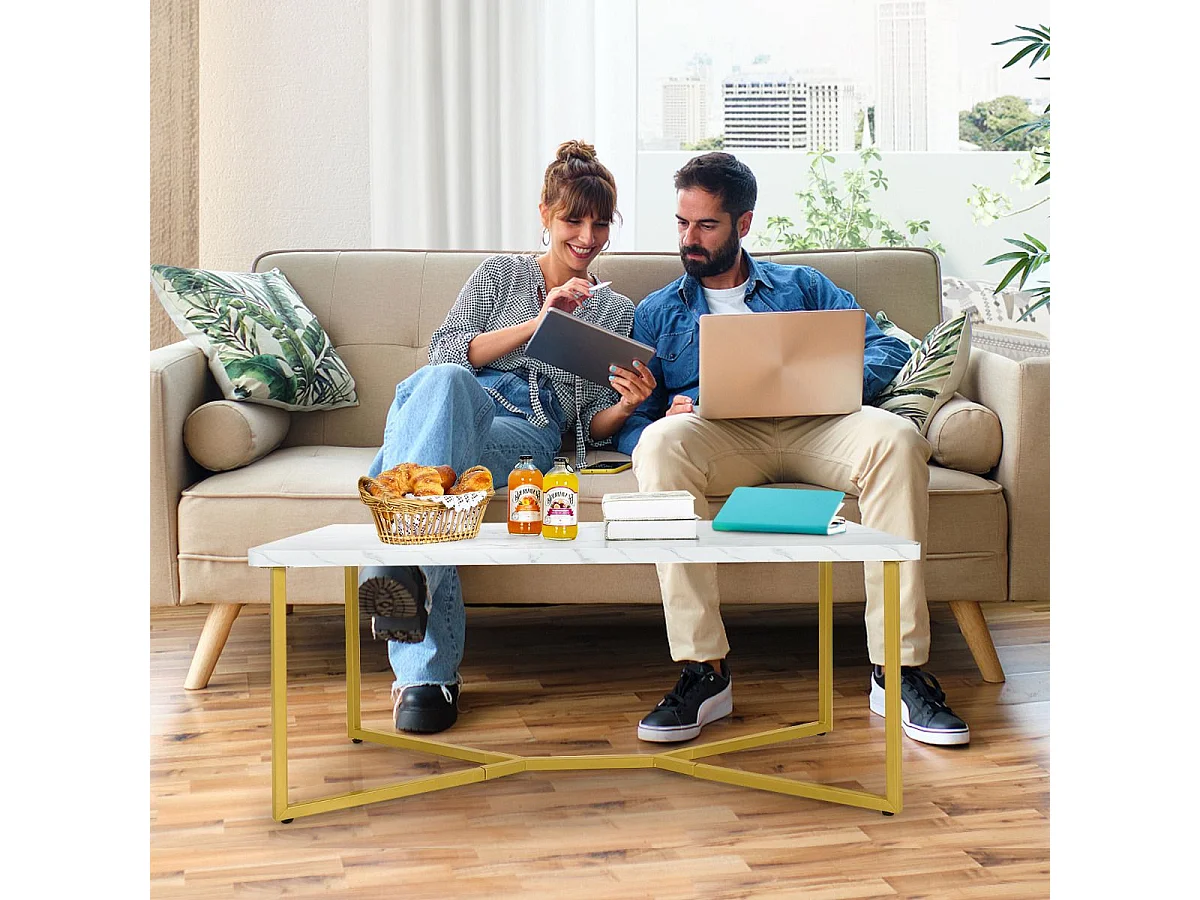 Marmor Optik Couchtisch mit Goldenem Metallgestell & Verstellbaren Fußpolstern Kaffeetisch