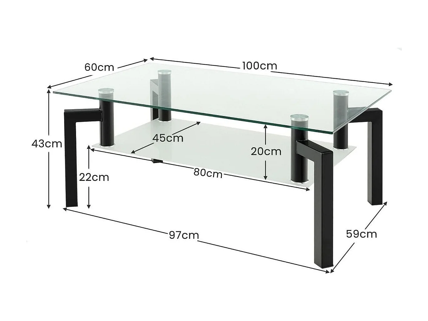 Rechteckiger Couchtisch aus Glas 2-Stufiger Moderner Kaffeetisch