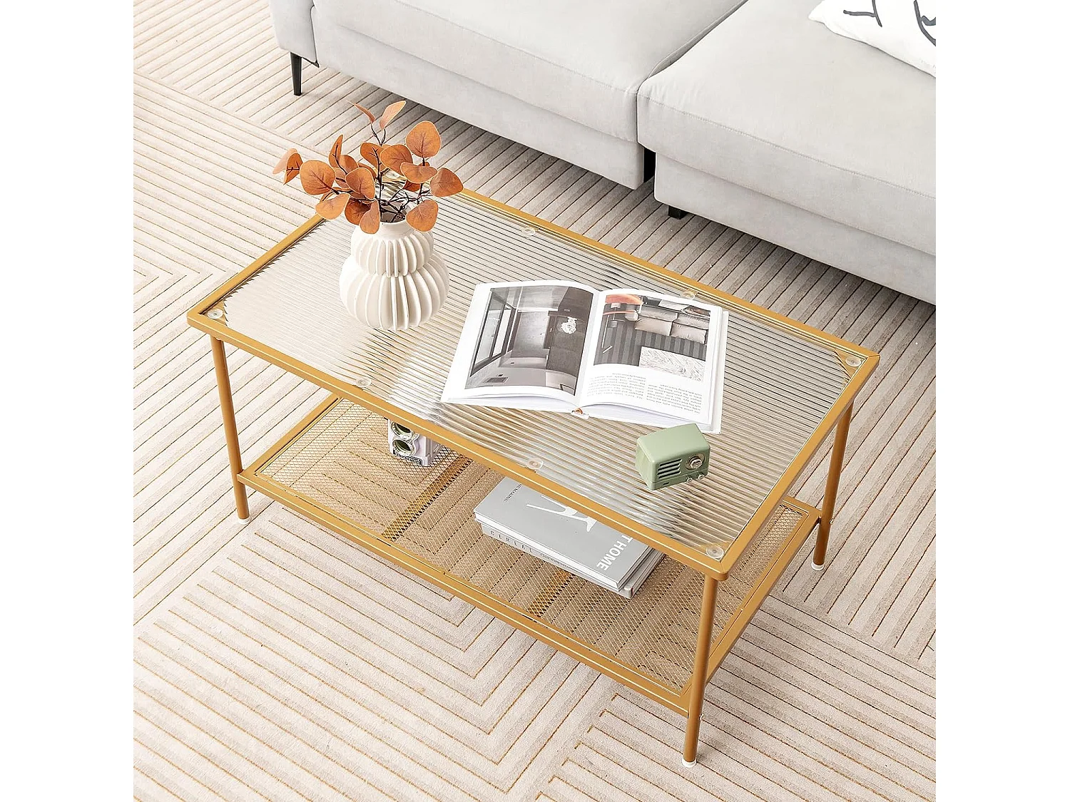 Couchtisch Glas, Glastisch mit 2 Ebenen, Wohnzimmertisch mit Netzregal und Oberfläche aus Hartglas, Kaffeetisch, Sofatisch für Wohnzimmer