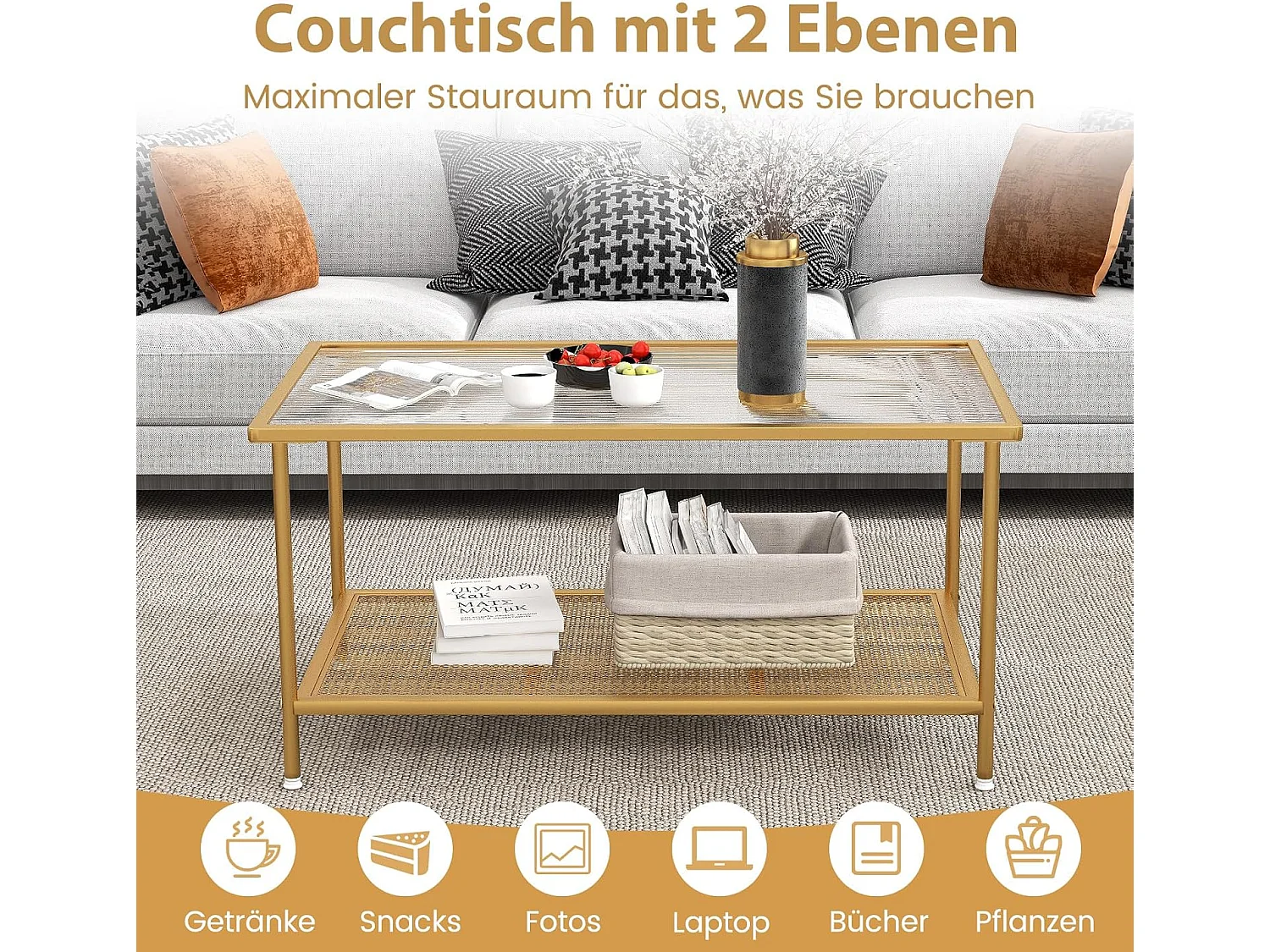 Couchtisch Glas, Glastisch mit 2 Ebenen, Wohnzimmertisch mit Netzregal und Oberfläche aus Hartglas, Kaffeetisch, Sofatisch für Wohnzimmer