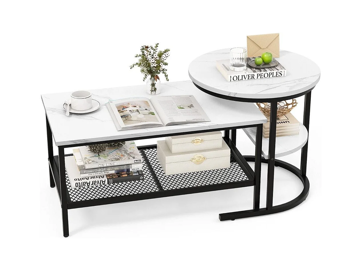 Kombinierbare Couchtische 2-teiliges Kaffeetisch-Set mit Kunstmarmorplatte Weiß und Schwarz