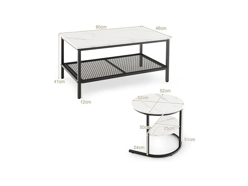 Kombinierbare Couchtische 2-teiliges Kaffeetisch-Set mit Kunstmarmorplatte Weiß und Schwarz