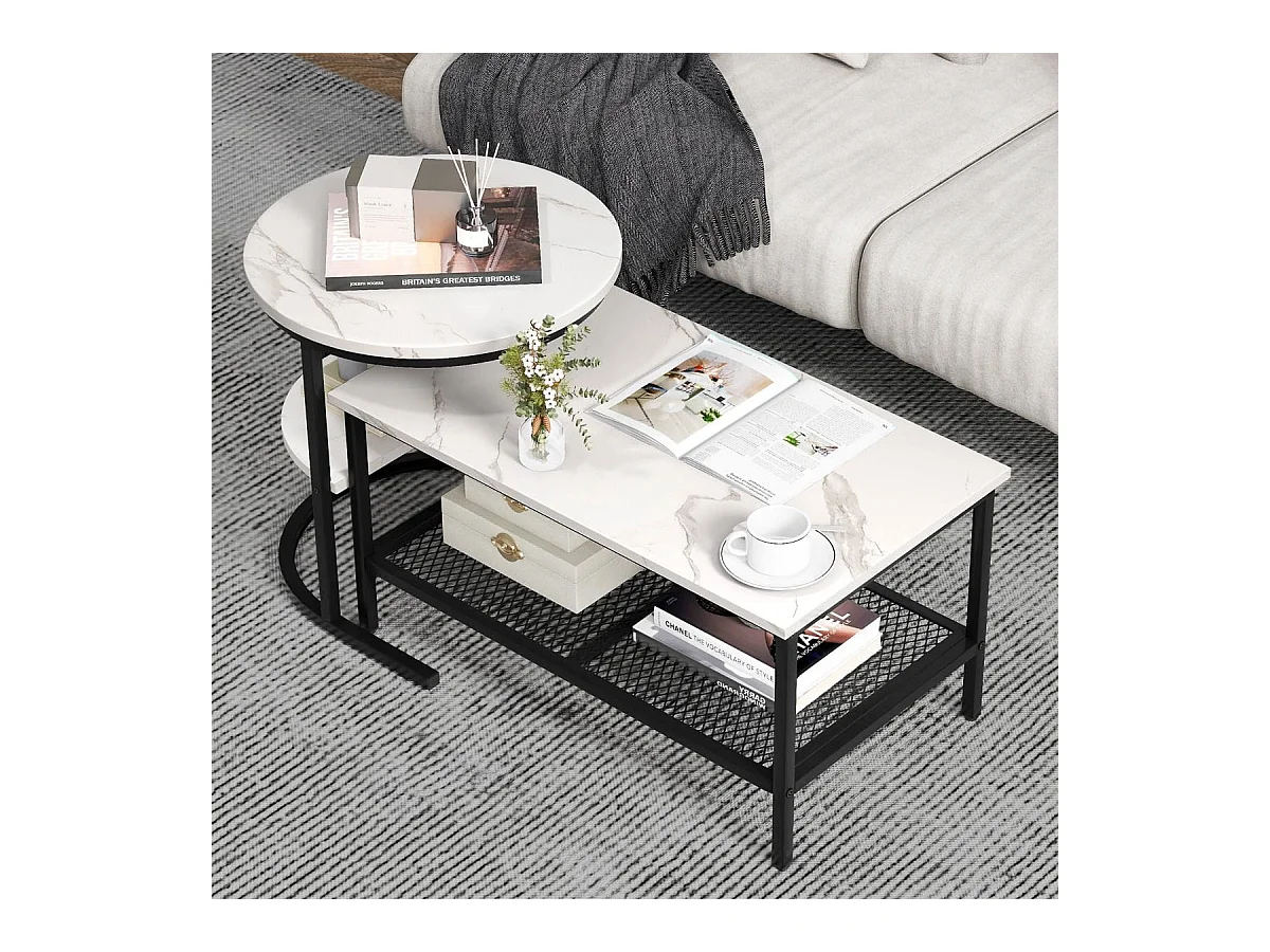 Kombinierbare Couchtische 2-teiliges Kaffeetisch-Set mit Kunstmarmorplatte Weiß und Schwarz