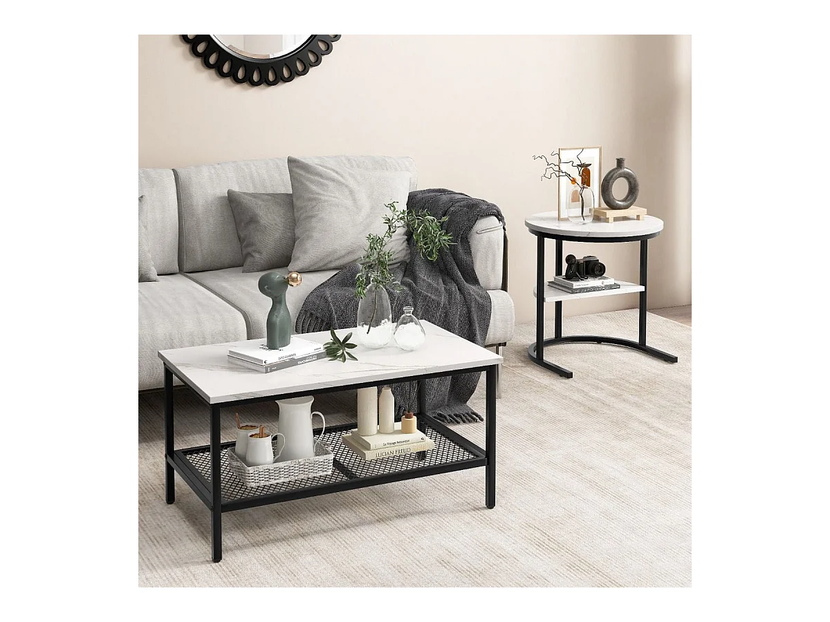 Kombinierbare Couchtische 2-teiliges Kaffeetisch-Set mit Kunstmarmorplatte Weiß und Schwarz