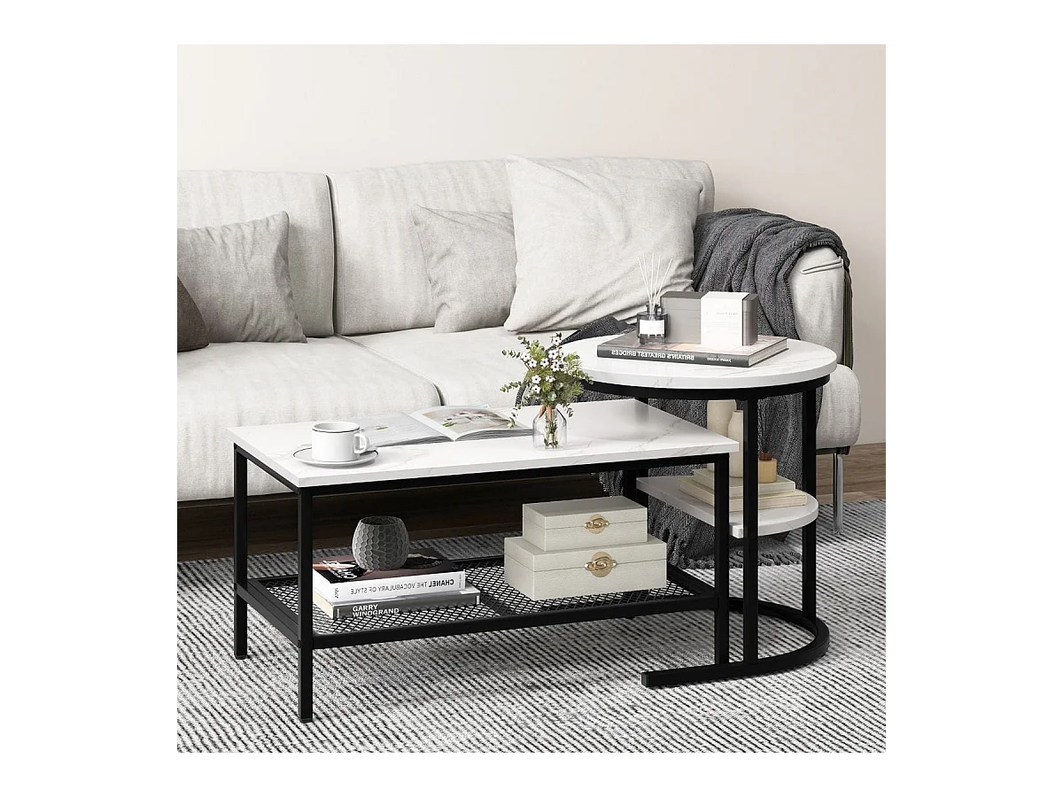 Kombinierbare Couchtische 2-teiliges Kaffeetisch-Set mit Kunstmarmorplatte Weiß und Schwarz