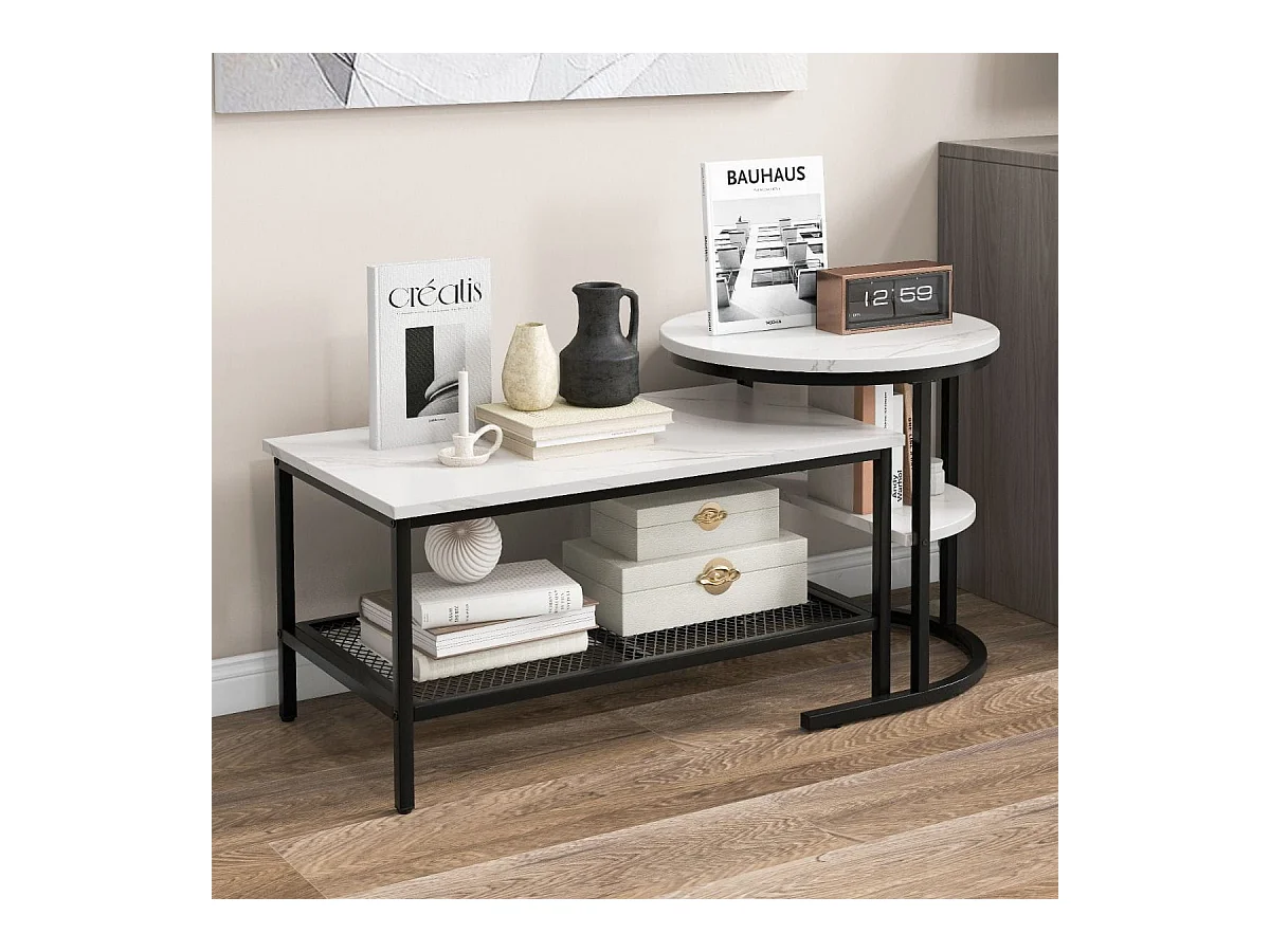 Kombinierbare Couchtische 2-teiliges Kaffeetisch-Set mit Kunstmarmorplatte Weiß und Schwarz