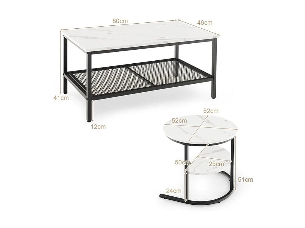 Kombinierbare Couchtische 2-teiliges Kaffeetisch-Set mit Kunstmarmorplatte Weiß und Schwarz