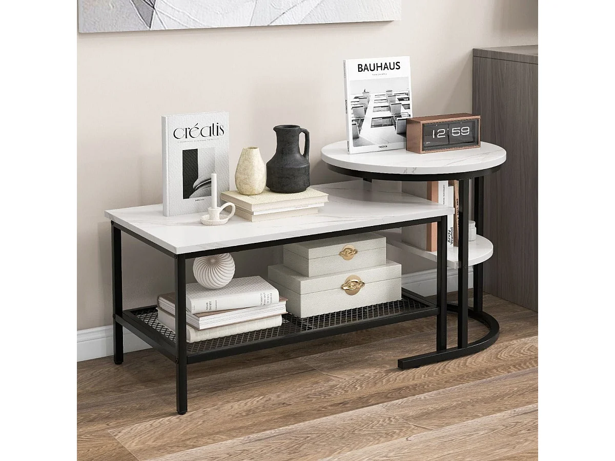 Kombinierbare Couchtische 2-teiliges Kaffeetisch-Set mit Kunstmarmorplatte Weiß und Schwarz