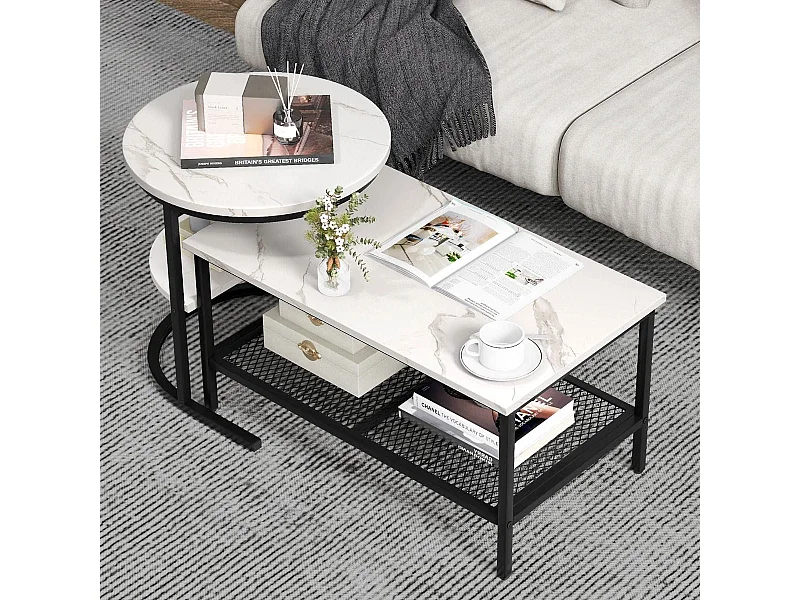 Kombinierbare Couchtische 2-teiliges Kaffeetisch-Set mit Kunstmarmorplatte Weiß und Schwarz