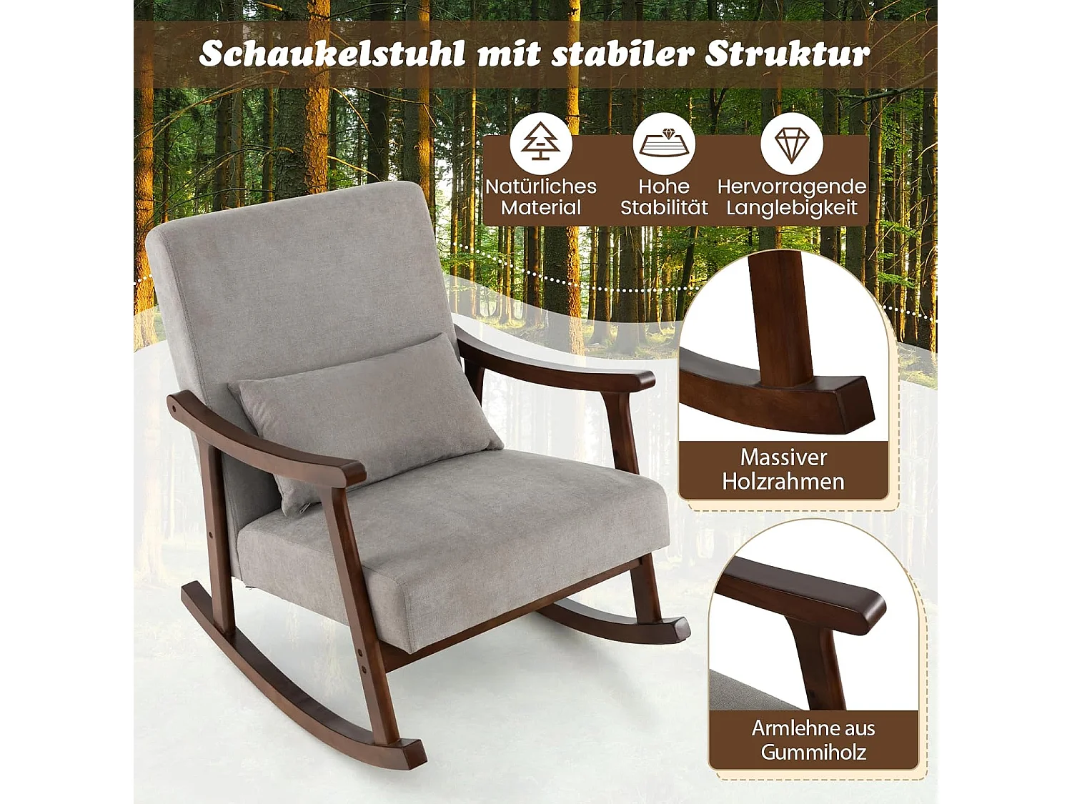 Schaukelstuhl, Sessel Gepolsterter Loungesessel mit Armlehnen & Sitzkissen aus Holz, Schaukelsessel für Wohnzimmer und Schlafzimmer Braun VH33508