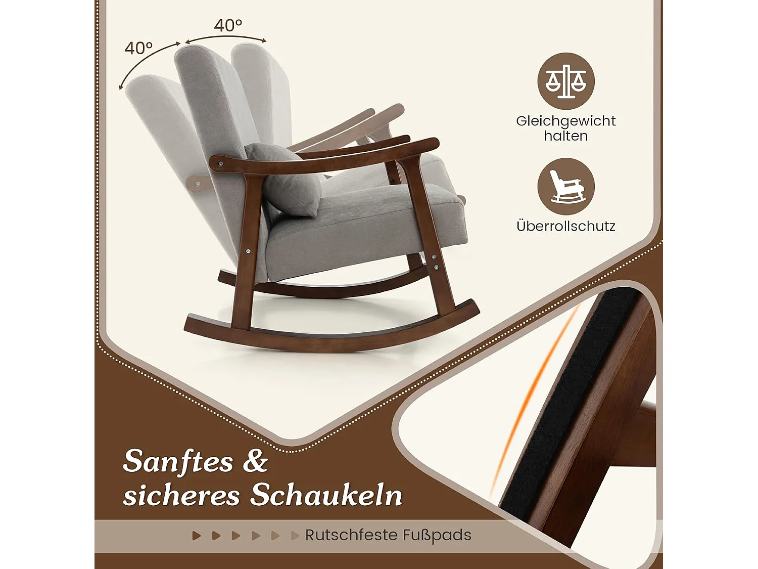 Schaukelstuhl, Sessel Gepolsterter Loungesessel mit Armlehnen & Sitzkissen aus Holz, Schaukelsessel für Wohnzimmer und Schlafzimmer Braun VH33508