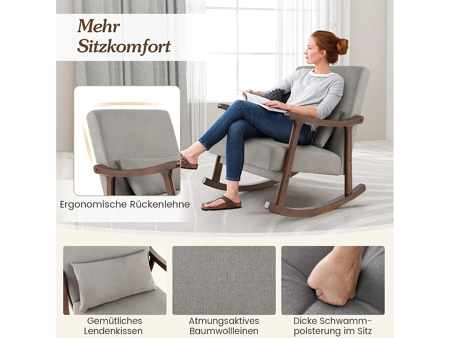 Schaukelstuhl, Sessel Gepolsterter Loungesessel mit Armlehnen & Sitzkissen aus Holz, Schaukelsessel für Wohnzimmer und Schlafzimmer Braun VH33508