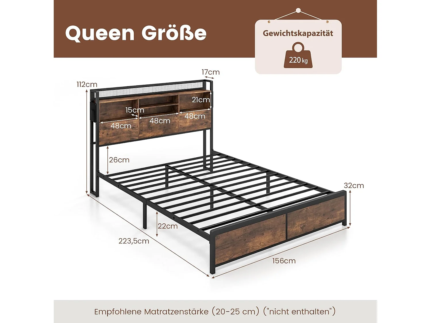 Bettgestell mit Ladestation und Lattenrost, Kopfteil mit Stauraum, ohne Matratze 160x200cm TG32866