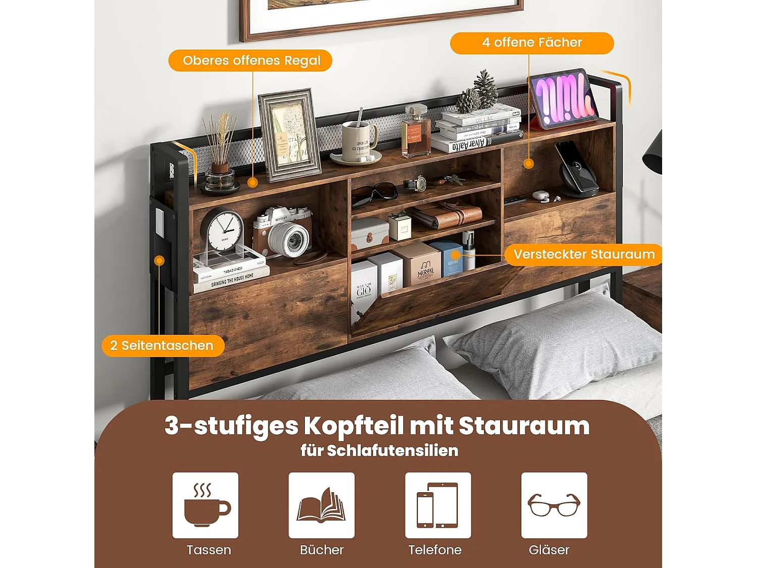 Bettgestell mit Ladestation und Lattenrost, Kopfteil mit Stauraum, ohne Matratze 160x200cm TG32866