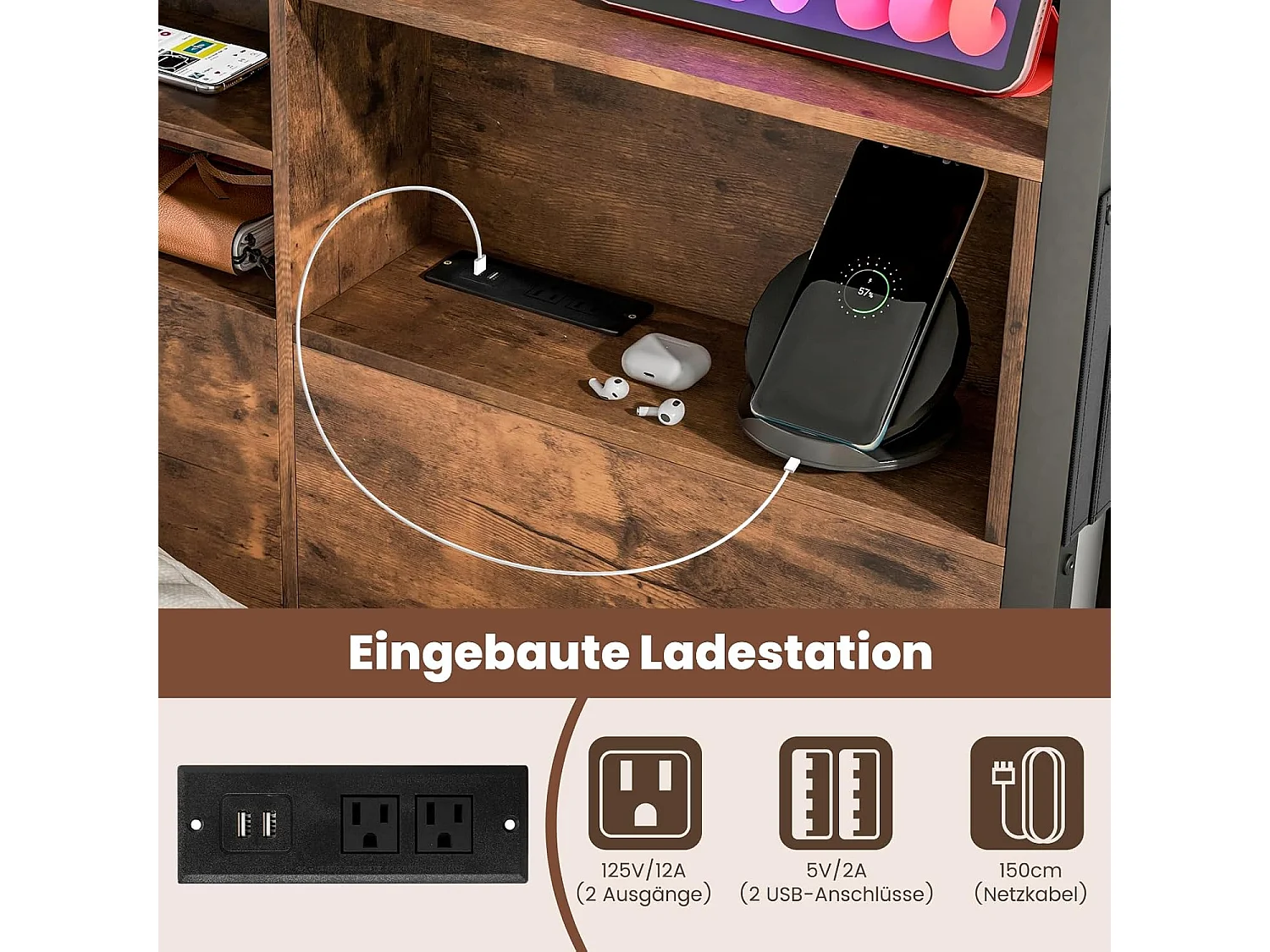 Bettgestell mit Ladestation und Lattenrost, Kopfteil mit Stauraum, ohne Matratze 160x200cm TG32866