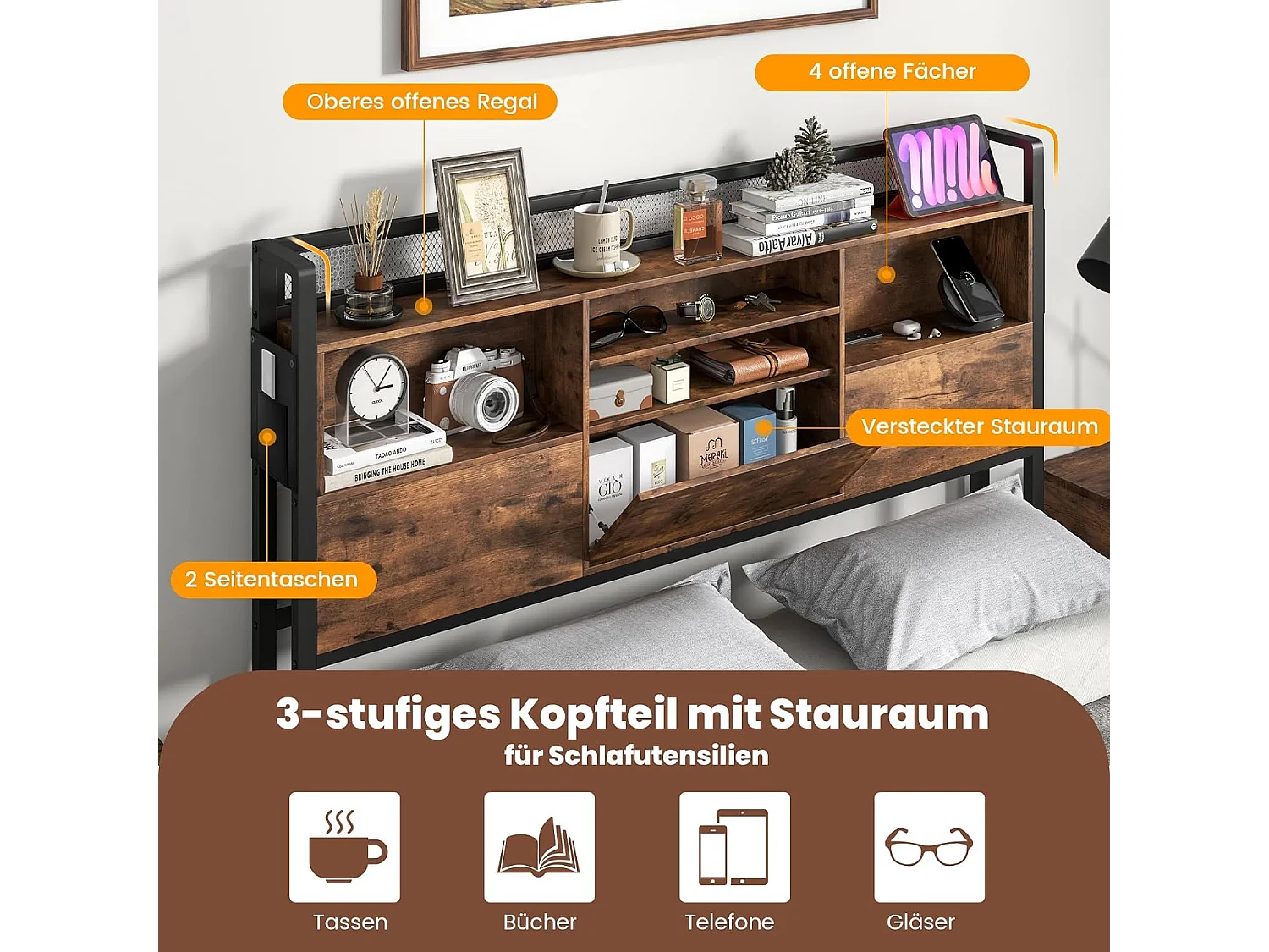 Bettgestell mit Ladestation und Lattenrost, Kopfteil mit Stauraum, ohne Matratze 140x200cm TG32866