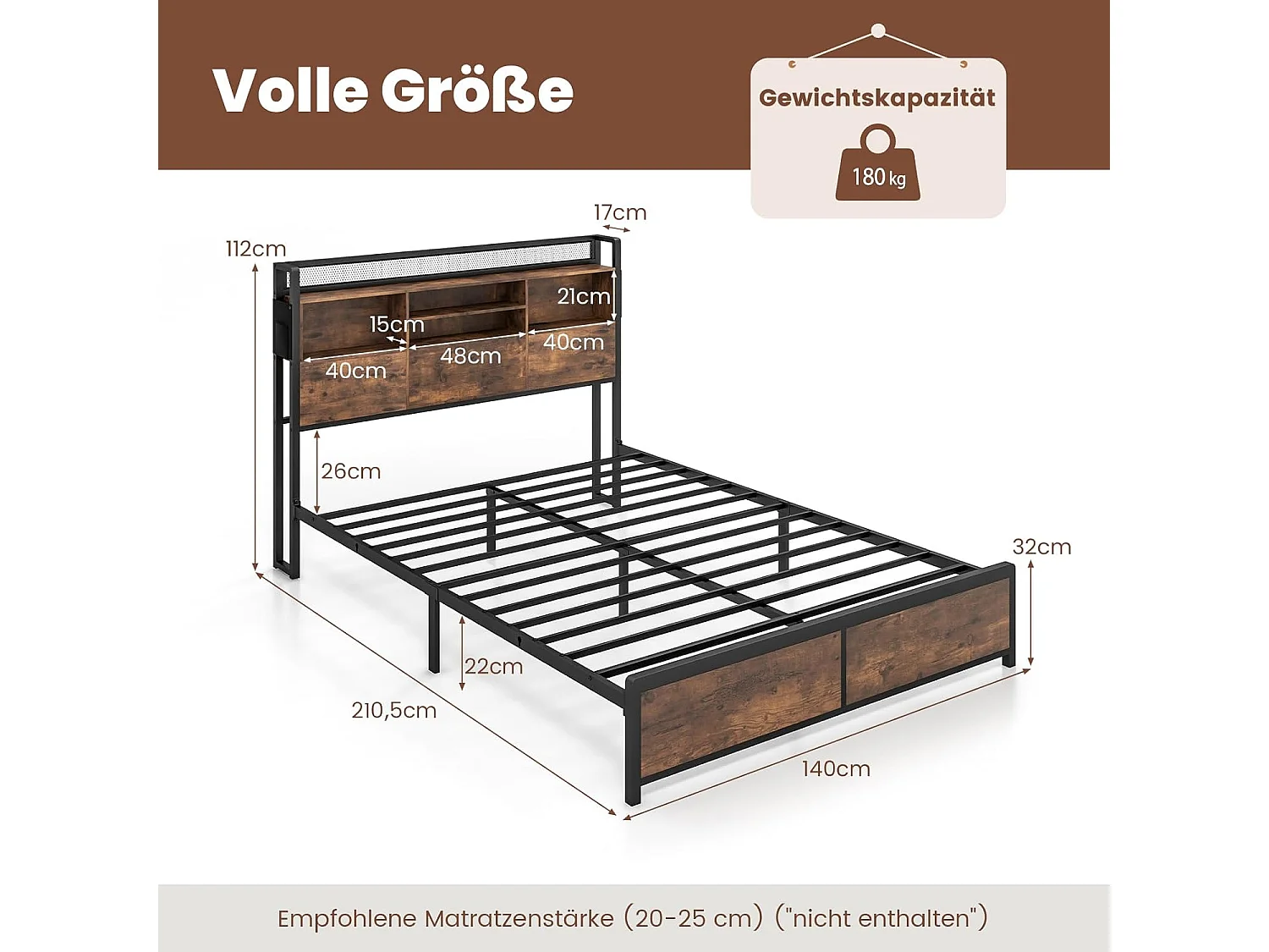 Bettgestell mit Ladestation und Lattenrost, Kopfteil mit Stauraum, ohne Matratze 140x200cm TG32866
